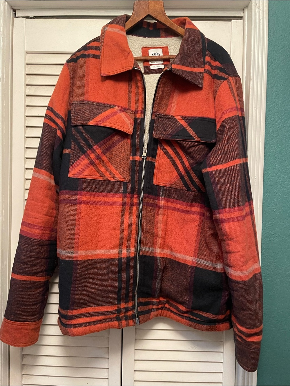 Zara Orange and Black Plaid Zip-Up Shirt Jacket